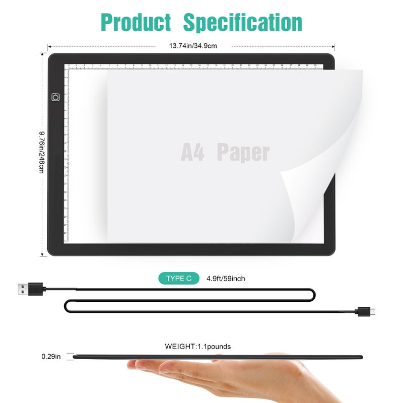 comzler A4 LED Light Board, 3 Level Dimmable Brightness USB Power Artcraft Light Table for Tracing, Light Drawing Sketch Pad for Animation, Sketching, Drawing, Stenciling, Artists - Black - Image 4